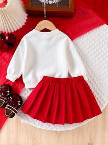 Baby Girl Cartoon Decor Round Neck Long Sleeve Top And Skirt Set - White - View 2