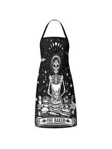 2Pcs Gothic Halloween Skeleton Baker Print Kitchen Apron, Reversible Black & White Skull Pattern Cooking Bib, Waterproof Oilproof Stain Resistant Chef Apron For Baking Grilling, Spooky Tarot Style Home Kitchen Decor & Halloween Party Gift - Multicolor - View 5