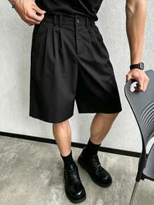 Fashion Wide Leg Suit Shorts For Men Pleated Front Loose Fit Mid Length Chino Shorts Button Closure Casual Daily Street Business Dress Short Sports - Black - View 2