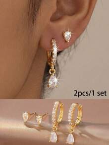 2pcs/Set Alloy Gold-Plated Water Drop Zirconia Earrings Set, Water Drop Single Diamond Stud Earrings Paired With Fully Pave Water Drop Pendant Ear Cuffs, Transparent High-Shine Pear-Shaped Zirconia, Double Layer Stackable Design, Light Luxury Gentle Style Daily Commute Versatile Women's Jewelry - View 1