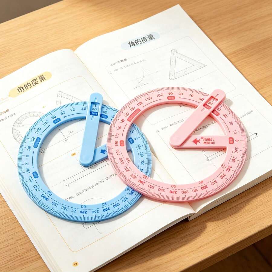 1pc-Minifish 360° Movable Protractor, Transparent Angle Measuring Tool With Rotating Arm, Suitable For Students, Teachers, Classroom, Geometry, Drafting, Plastic Protractor, Blue And Pink - View 1
