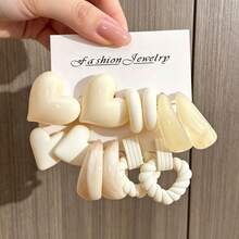 New Arrival Cream-Colored Resin Earring Set, Multi-Style Heart & Teardrop C-Shaped Earrings Combination - Multicolor - View 10
