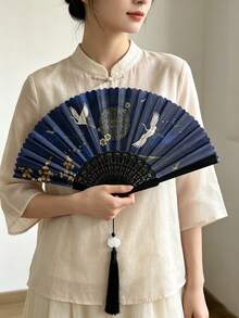 中式仙鶴印花摺扇附黑色流蘇，東方漢服旗袍女裝配件 - 雙鶴尋梅折扇 - 查看 1