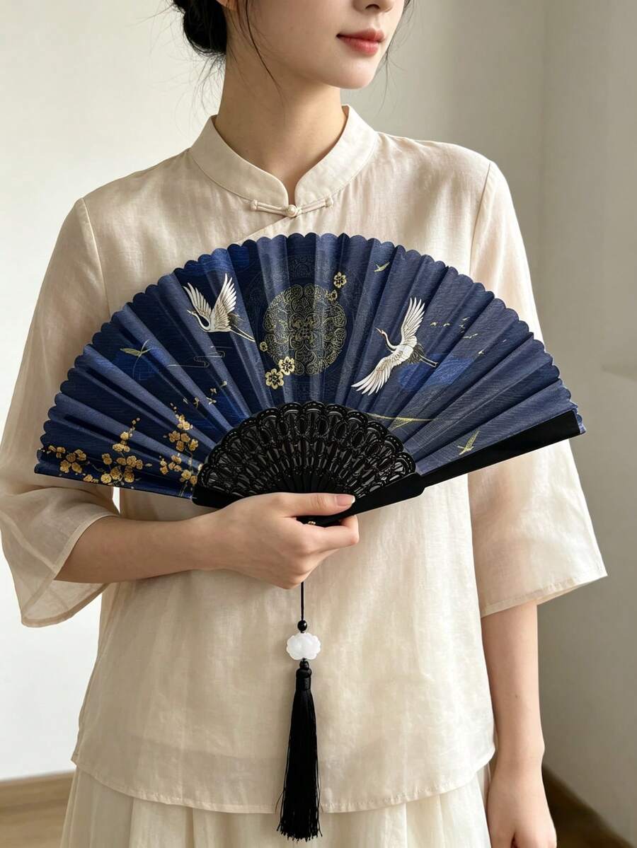 中式仙鶴印花摺扇附黑色流蘇,東方漢服旗袍女裝配件 - 雙鶴尋梅折扇 - 查看 1