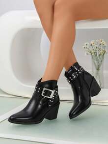 Niche Punk Style Rivet Belt Buckle Ankle Boots For Women, 7cm Thick Heel Pointed Toe Western Cowboy Boots, Vintage Brown Distressed Leather Side Zipper Daily Commute Versatile Ankle Boots - Black - View 7
