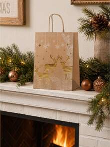 12/24pcs Gold Printed Vintage Kraft Paper Bags, Printed With Gold Reindeer, Snowman, Tree And Holiday Text Patterns. Natural Kraft Paper With Jute Rope Handles And New Year Packaging. - Multicolor - View 4