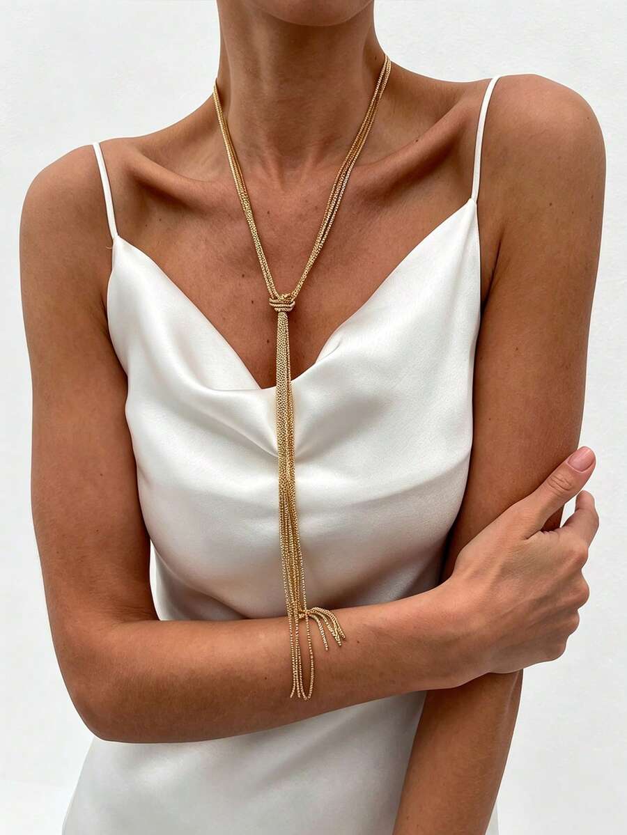 1 Stück minimalistische Y-förmige Metall-Quasten-Kette, cooler Stil, mehrlagige CCB-Perlen-Halskette (Farbabweichung, abhängig vom tatsächlichen Produkt) - Verschiedenfarbig - Übersicht 1