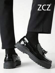 ZCZ 男士正式鞋 設計師新款經典流蘇厚底樂福鞋 增高鋸齒厚底英式一腳蹬通勤鞋 高端品牌平價黑色商務休閒鞋 - 黑色 - 查看 10