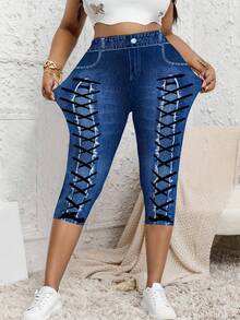 Celana Capri Ukuran Besar Efek Denim, Desain Tali Serut, Kantong Palsu, Celana Capri Modis Slim Fit dengan Elastisitas Sedang untuk Liburan Musim Panas - Navy Blue - View 4