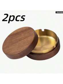 Walnut Desktop Ashtray With Stainless Steel Windproof Lid, Gift Office/Home Decor Smoking Accessories (Wood Shell, Slight Texture/Color Difference From Picture, Normal Use) Portable Decorative Ashtray For Outdoor Indoor Parties - One Size - View 8