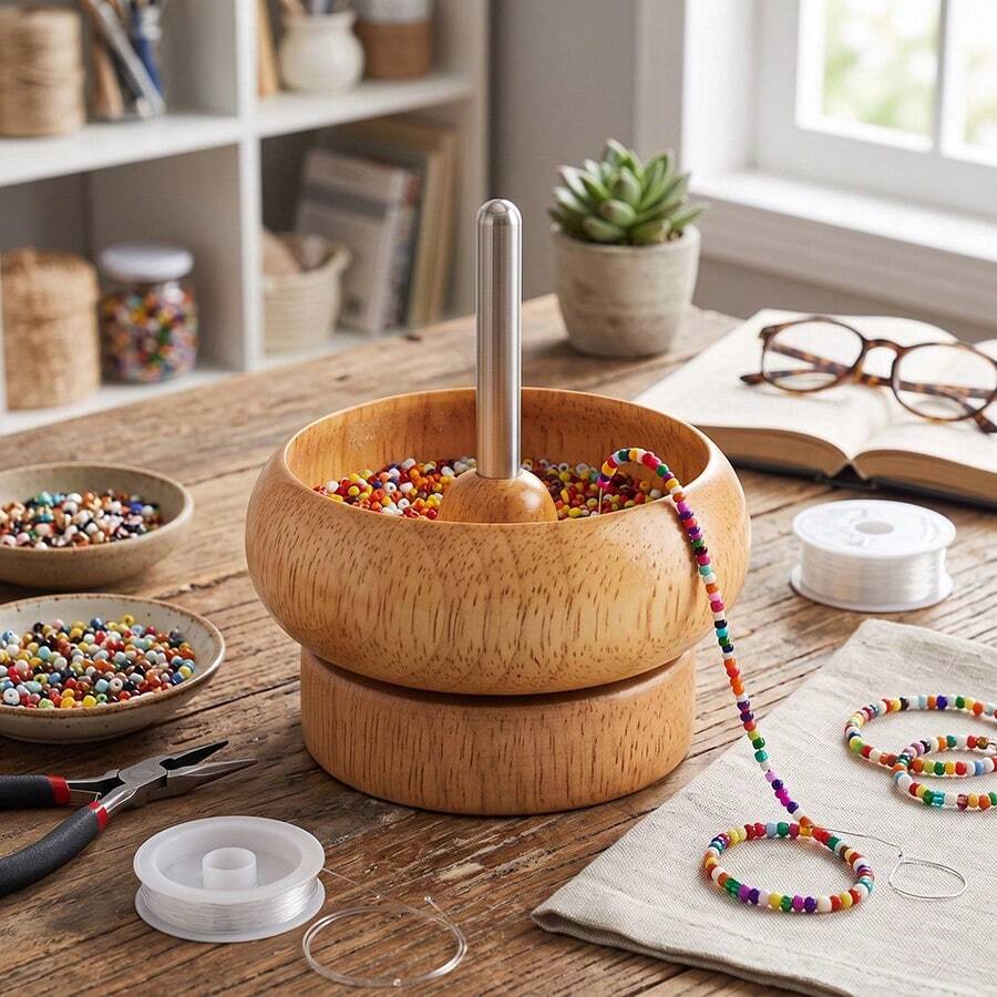 DIY Making Bead Spinner Bead Spinner For Jewelry Making, Effortless Rotating Wooden Bracelet Spinner With 1 Beading Needles For Making Seed Clay Beads Waist, Bracelets - C - View 1
