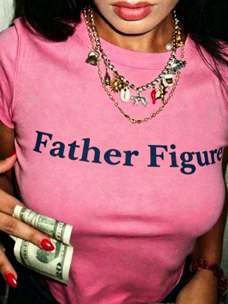 Father Figure Tee Y2k Aesthetic Tee Y2k Tee Funny Slogan Tee Y2k Crop Top 2000s Fashion Top 90s Era Tee-Loose-Fit Easy Relaxed Style, - 玫紅色 - 查看 1
