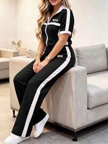Spring/Autumn Women's New Casual Fashion Commuter Set, Loose Patchwork Contrast Color Short Sleeve Jacket Top + Striped Contrast Color Elegant Summer - Black 1 - View 5
