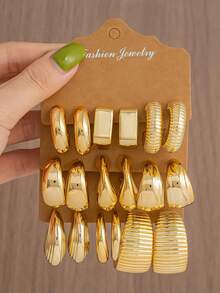 CCD Alloy 9-Piece Set Smooth Texture C-Hoop Water Drop Stud Earrings, Women's Daily Wear Fashion Accessories - Gold - View 7
