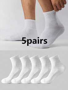5 Pairs Men's Pure White Mid-Calf Summer Sports Socks, 1/10 Pairs Optional - White - View 9