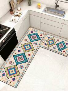 1pc Colorful Geometric Pattern Rubber Soft Mat, Suitable For Kitchen Floor, Absorbent And Easy To Clean, Also Suitable For Bathroom And Other Areas, Suitable For Year-Round Use, Suitable For Various Holidays - Multicolor - View 1