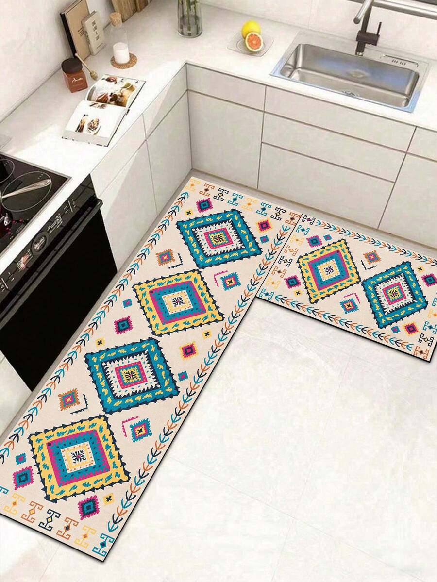 1pc Colorful Geometric Pattern Rubber Soft Mat, Suitable For Kitchen Floor, Absorbent And Easy To Clean, Also Suitable For Bathroom And Other Areas, Suitable For Year-Round Use, Suitable For Various Holidays - Multicolor - View 1
