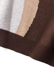 Two-Tone Winking Bear Intarsia Knit Sweater Men's Crew Neck Contrast Trim Loose Fit Pullover - Brown - View 5