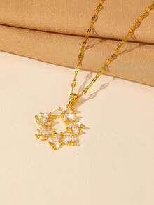 1pc Women's Pendant Necklace, Gentle French Style, Floral Round Design, 2 Colors Available, Exquisite & Elegant, Full Zirconia Sweet, Suitable For Daily, Commute, Photo, Date, Party, Fade-Resistant - Yellow Gold - View 7