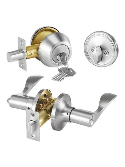 Entry Door Locksets With Deadbolt 5 Pack Satin Nickel Entry Lever And Single Cylinder Deadbolt Keyed Alike Combo Pack Fit For 1-3 8" To 1-3 4" Door Thickness For Entrance And Front Door
