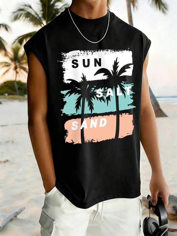 Boys' Summer Vacation Tank Top, Oversized "Sun Salt Sand" Palm Tree Graphic Sleeveless Shirt, Soft & Comfortable Fabric Cool Top For Summer Beach