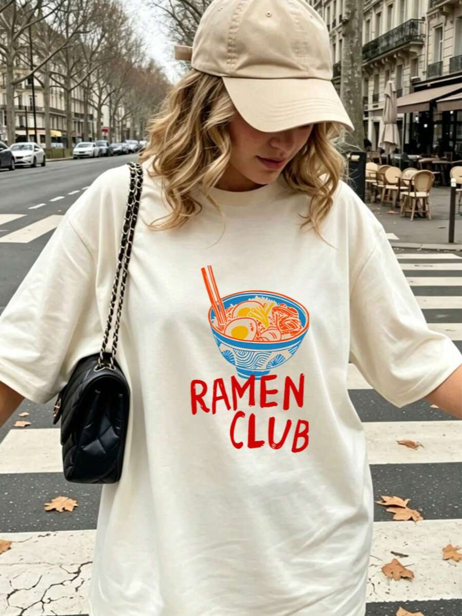 大尺碼女款夏季圖案印花休閒極簡寬鬆舒適時尚圓領短袖T恤上衣 - 杏色 - 查看 1