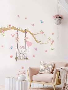 1pc Cute Elephant Swing Branch Heart Balloon Butterfly Wall Decor Sticker Removable Room Decoration Wall Decal For Bedroom Living Room Kids Room - 1PC - View 3