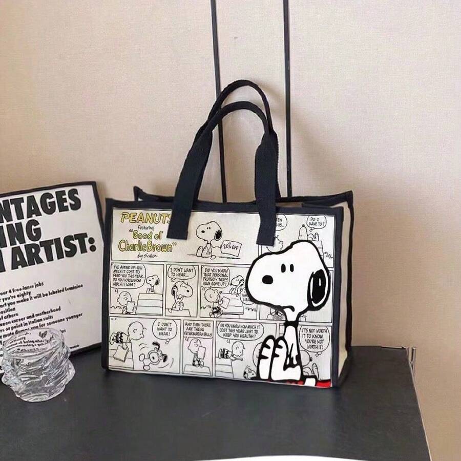Peanuts Snoopy Comic Strip Print Tote Bag, Vintage Cartoon Casual Style, Large Capacity Reusable Canvas Durable Handle, Women & Girls - Multicolor - View 1