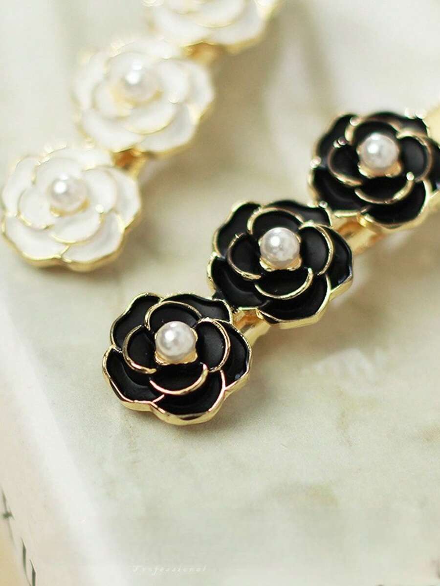 2pcs Vintage French Style Black Camellia Pearl Hair Clips For Women, Versatile Elegant Side-Sweep Straight Clip, Alligator Hair Clip For Loose Hair And Bangs - Hair Clip - View 1