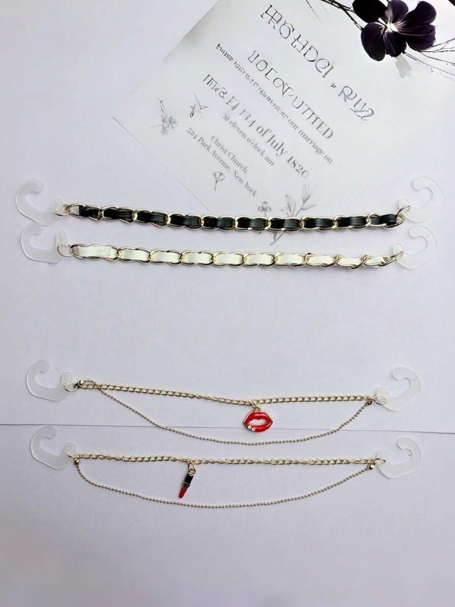 2pcs Cave Shoe Accessories, Candy Frosted Round Bead Chain, Colorful Pearl Chain, Leather Strap Aluminum Chain - Multicolor - View 1