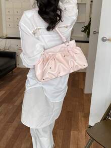 韓式女款百褶編織雲朵包，夏季新款蝴蝶結星星設計，單肩包兼手提包 - 粉色 - 查看 4