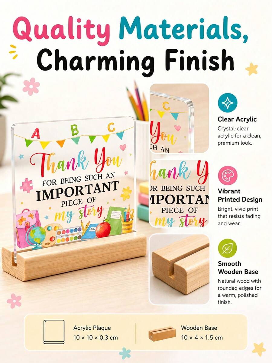 1Pc Thank You Teacher Gift Acrylic Plaque Important Piece Quote Desk Sign Wood Base Student Appreciation Classroom Decor Back To School Birthday Christmas - Teacher's Day Gift - View 1