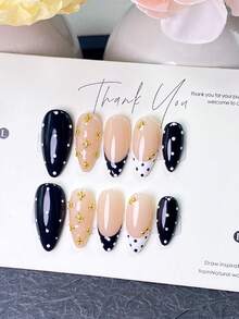 10 Pieces Of Handmade Press On Nails,Nails,Summer Nails,Short Nails,Almond Nails,Y2k Nails,Black Nails,With Solid Black White Polka Dot Nails,And Nude Nails With Mini Gold Metal Bead Clusters,Perfect For Daily Wear,Dates And Casual Street Occasions. - Black - View 12