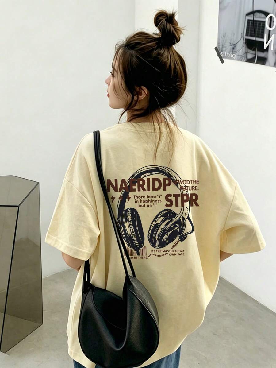 Women's Fashion Spring/Summer Loose Round Neck Minimalist Versatile Letter Line Earphone Cartoon Print Short Sleeve T-Shirt Casual - Apricot - View 1