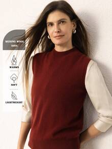 Chaleco de mujer 100% lana merino pura, top de punto sin mangas con cuello alto, capa base de lana, top básico, prenda de abrigo para invierno, jersey para primavera/otoño, jersey de invierno, jersey de punto elegante para mujer, jersey de lana de invierno - Rojo cinabrio - Ver 4