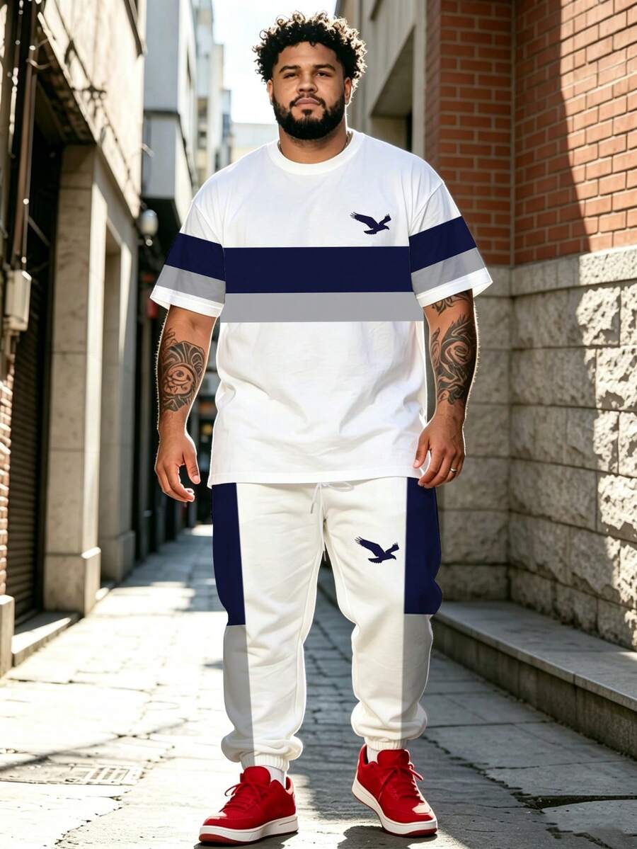 Men's Street Casual Minimalist Series "Contrast Color Plaid Stripes & Eagle" Pattern Sports Set - Polyester Knit Fabric, Round Neck Design, Drawstring Cuffed Pants, Pocket Details, Regular Fit, Suitable For Plus Size - White - View 1