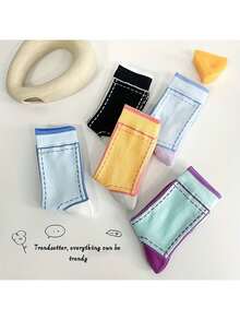 5 Pairs Women's Colorful Striped Mid-Calf Socks, Korean Style Fashion Sports Socks, Solid Color - Multicolor - View 6