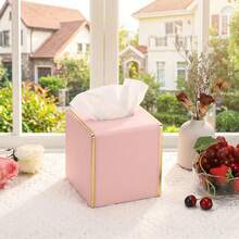 Sumnacon PU Square Tissue Box Cover, Magnetic Bottom, Waterproof, Pink | Stylish Cube Tissue Box Holder With Gold Edging Fits Vanity, Toilet Tank, Dresser, Nightstand, Table, Countertop, Office, Car - ColorC - View 2