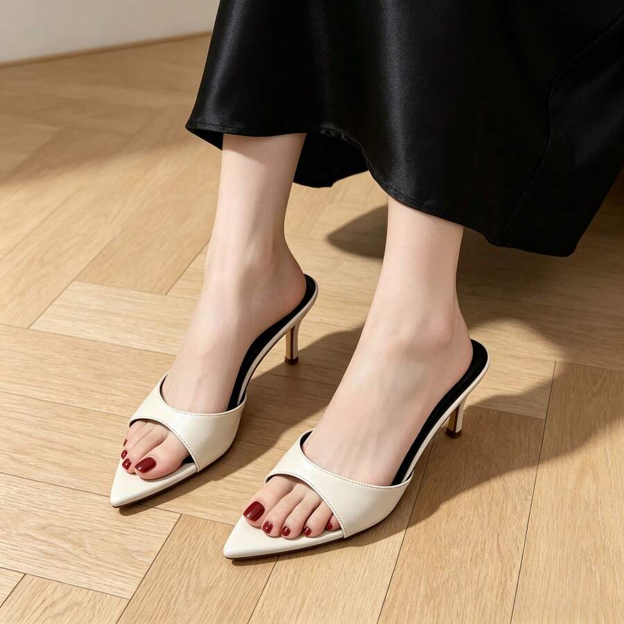 Eleve sua Aura: Sandálias Slip-On de Salto Alto com Bico Fino em Couro Envernizado Preto 2026 para Mulheres, Salto Agulha Elegante com Bico Aberto, Estilo Elegante de Fácil Uso - Branco - Visão 1