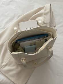 Fashionable New Solid Color Large Capacity Letter Label Design Shoulder Bag, Minimalist Practical Commuter Style Women's Bag - White - View 4