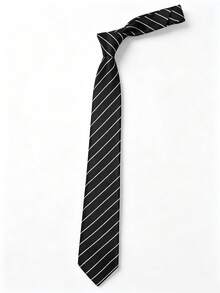 1件男士手工製黑色配白色斜條紋領帶，正式西裝搭配條紋領帶，商務男士領帶，職場婚禮領帶，專業正式配件 - 黑色 - 查看 4