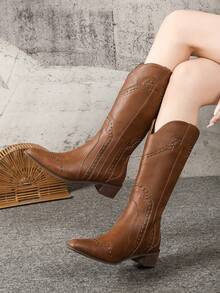 Women's Fashion Boots Khaki Chunky Heel Small Square Toe Vintage Rivet High Shaft Leggings Boots French Style Versatile Western Boots Riding Boots Tall Boots For Petite Brown - Brown - View 5