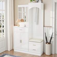 Modern Compact Wardrobe With Shoe Cabinet And Mirror, Black - 白色 - 查看 5