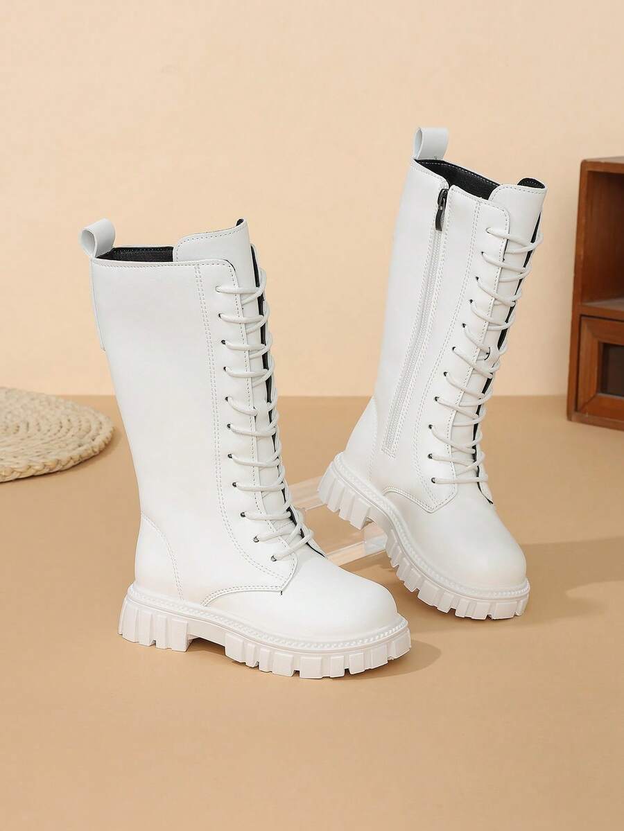 1 Pasang Sepatu Bot Tinggi, Bahan PU Lembut dengan Detail Jahitan, Ujung Bulat, Sol Lembut Elastis, Desain Tali Depan dan Resleting Sisi Dalam, Sepatu Bot Berkuda Tinggi Dasar yang Modis dan Lucu, Cocok untuk Siswa Laki-laki dan Perempuan, Kampus, Festival, Pakaian Luar Ruangan, Gaya Baru Musim Gugur/Dingin