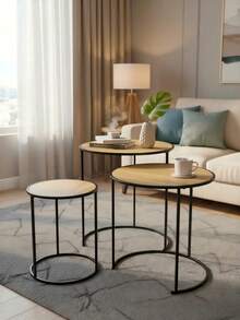 Three Pieces Nested Iron Side Table Set With Round Wooden Tabletops Of Staggered Sizes, Stackable For Space-Saving Use. Ideal As Sofa Side Tables In Living Rooms, Sturdy And Wear-Resistant, With Tiered Dimensions To Meet Diverse Storage Needs. - Random Color - View 3