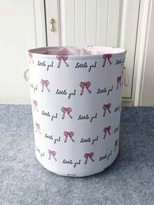1pc Bowknot Decor Fabric Foldable Storage Basket Laundry Hamper - White - View 3