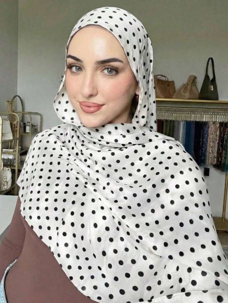 1pc Women's Polka Dot Print Headscarf, Bohemian Style Elegant Multi-Purpose Scarf, Casual Comfortable Sun Protection Shawl, Suitable For Daily Matching Women's Accessory - White - View 1
