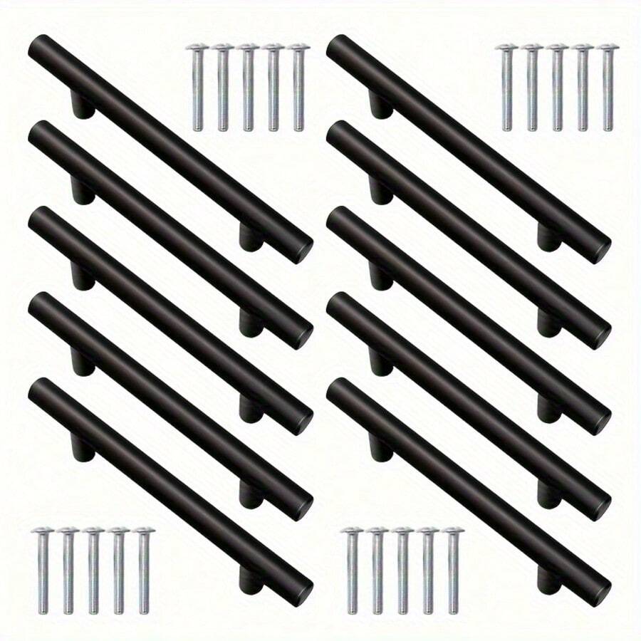 10pcs Matte Black T-Shaped Pulls, Powder Coated Stainless Steel Drawer Handles, Includes Installation Hardware, Suitable For Cabinets And Drawers, Multi-Functional Home Renovation Accessories - Multicolor - View 1