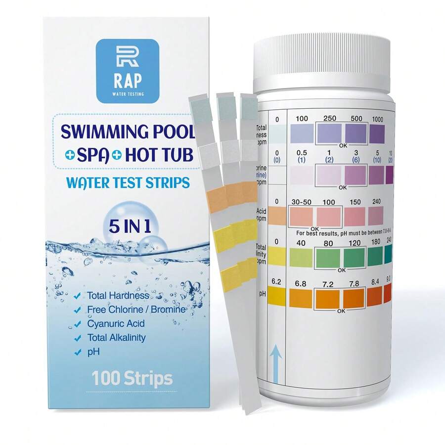 5 In 1 Water Quality Testing Strips For Hot Tubs Swimming Pools Spas 100 Count Easy Accurate Quick PH Free Chlorine Bromine Total Alkalinity Cyanuric - 1 - View 1