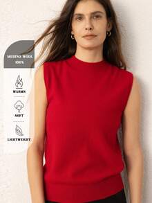 Chaleco de mujer 100% lana merino pura, top de punto sin mangas con cuello alto, top de capa base de lana, prenda exterior básica de invierno para mujer, suéter de punto para primavera y otoño, suéter de punto de invierno, suéter de punto elegante para mujer, suéter de lana de invierno - Rojo - Ver 1
